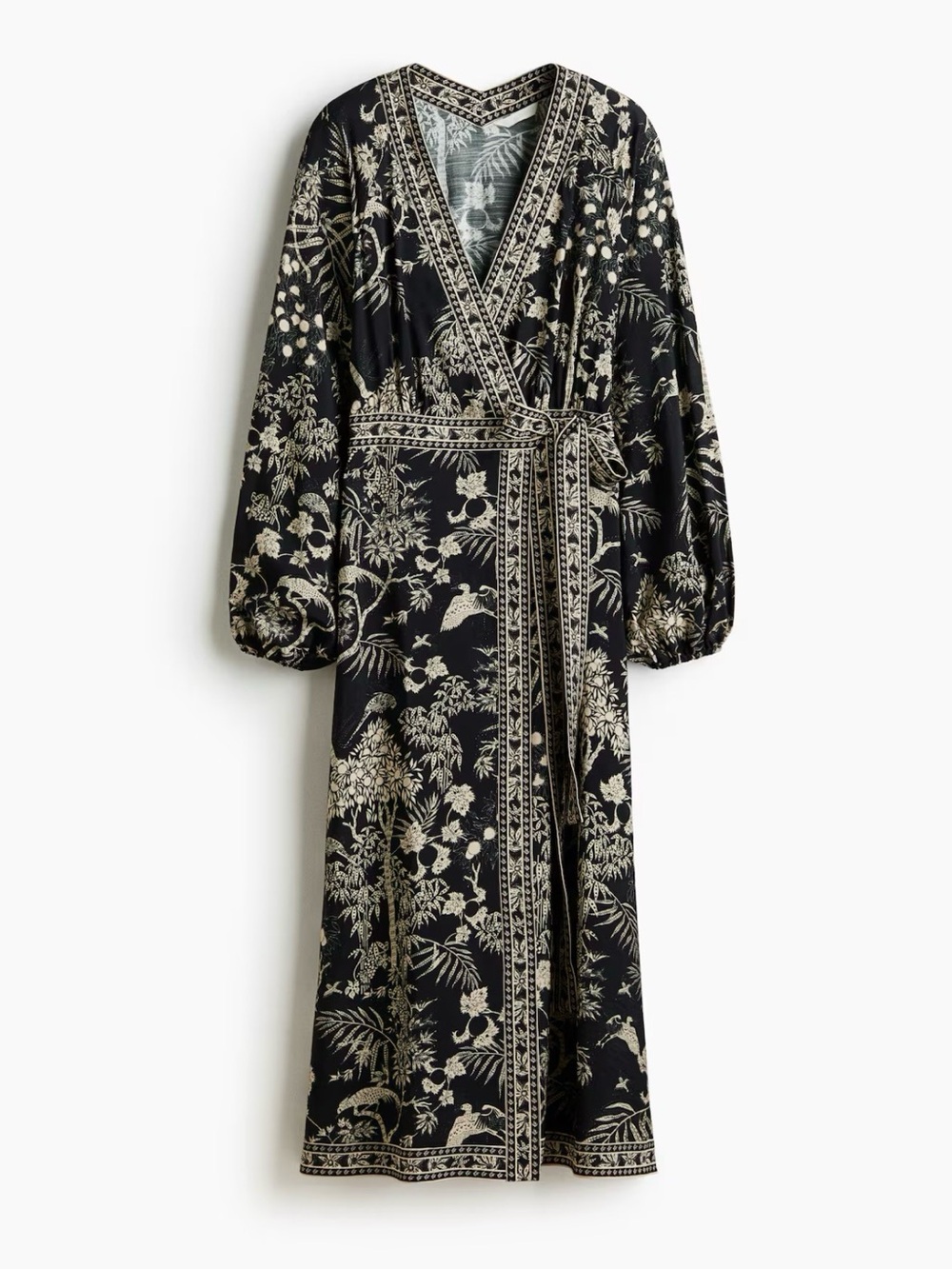 H&M Black Wrap Maxi Dress with Cream Botanical Print